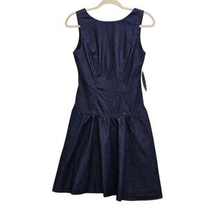 Scoop Denim Dress Womens XS Indigo Drop Waist Boat Neck Smocked Back Fit & Flare